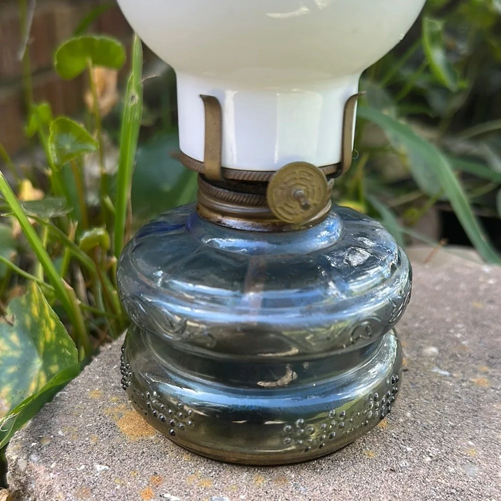 Vintage Three Star brand Glass Oil Lamp with White and Blue Accents